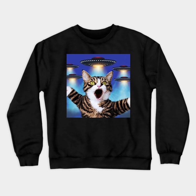 Selfie of Funny Cat And Aliens UFOs 3 Crewneck Sweatshirt by Megadorim